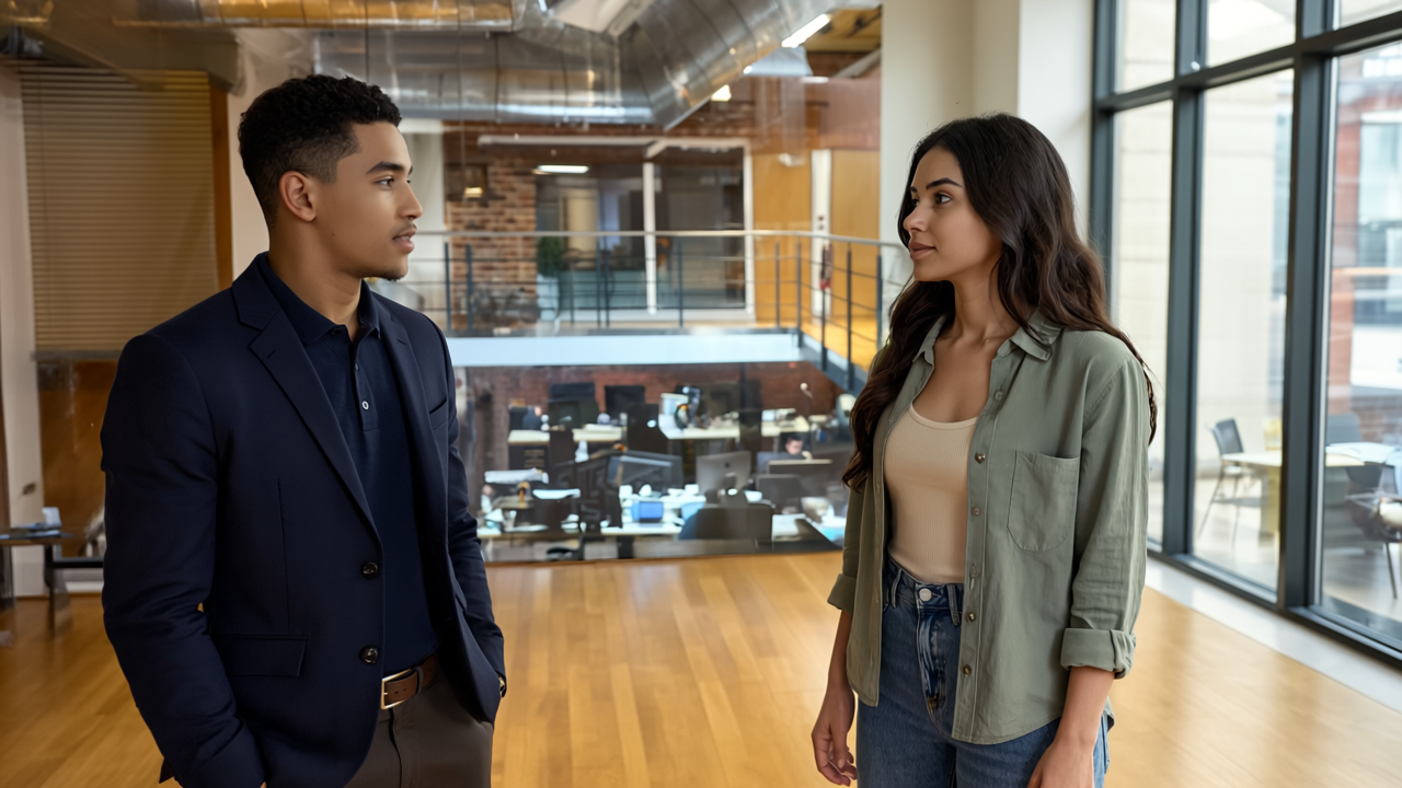 Two UK business professionals engaged in a thoughtful conversation about ecommerce platforms in a modern office.