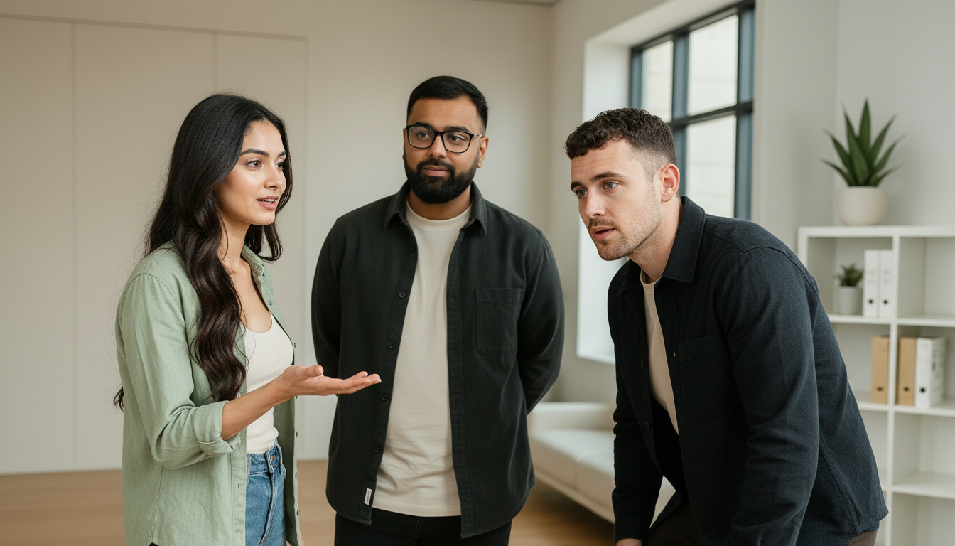 Sara, Omar and Adam collaborating inside a UK skincare content studio, discussing TikTok and Shopify storytelling during an active work moment.