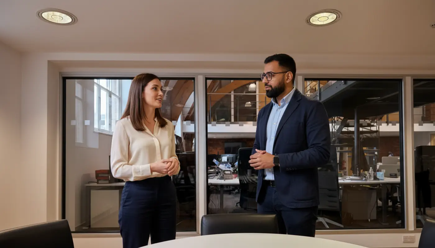 Jessica and Omar collaborating in a UK office discussing CRM workflows.