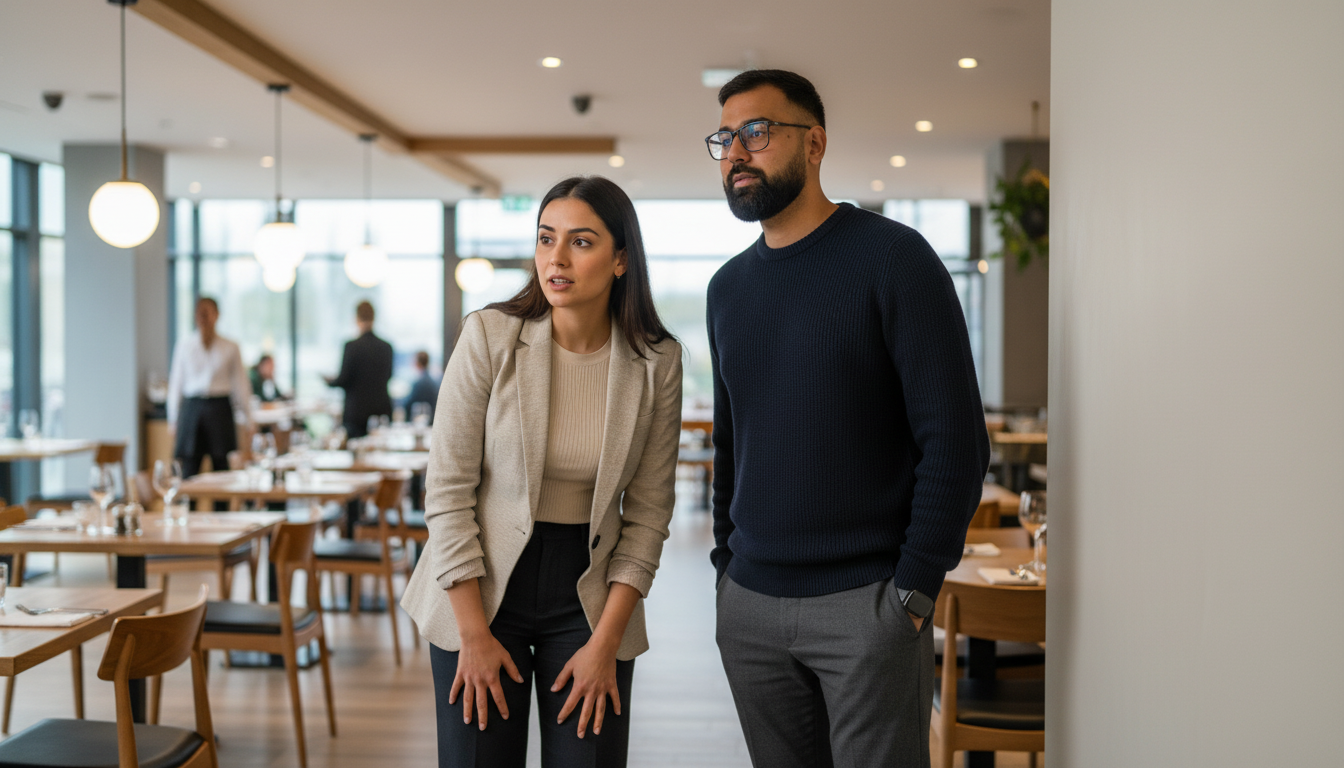 Sara and Omar reviewing smart display placement inside a UK restaurant dining space