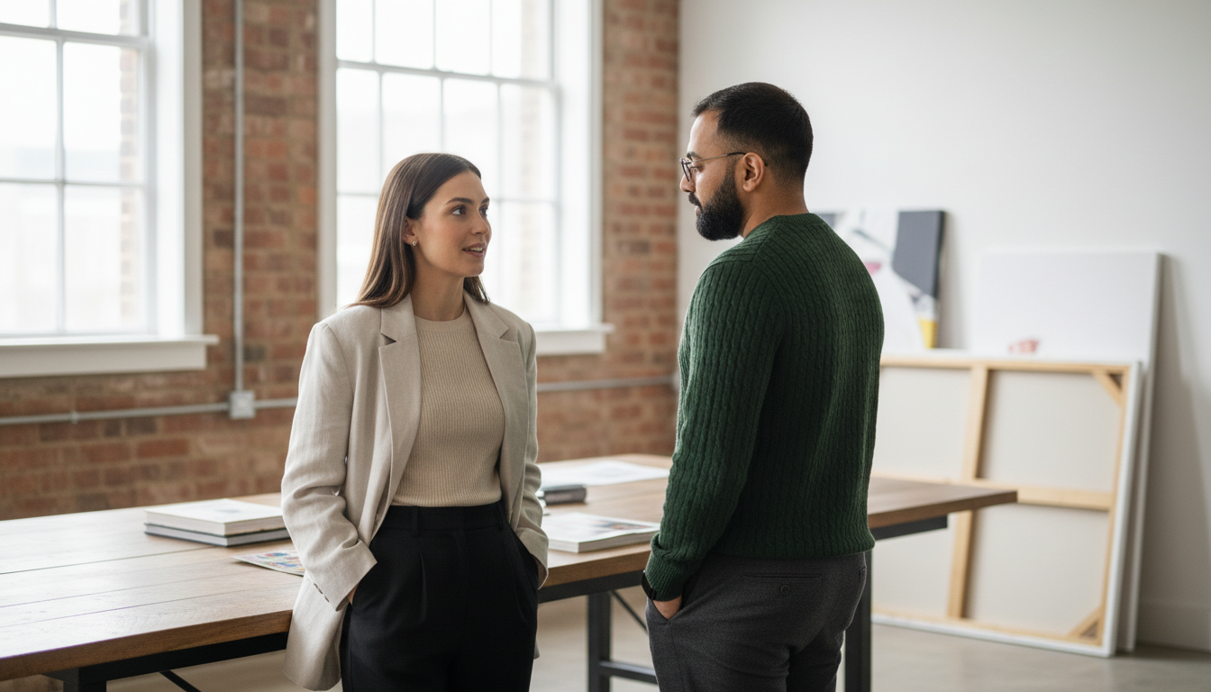 Jessica and Omar discussing AI-led branding strategy inside a UK creative studio, captured mid collaboration.