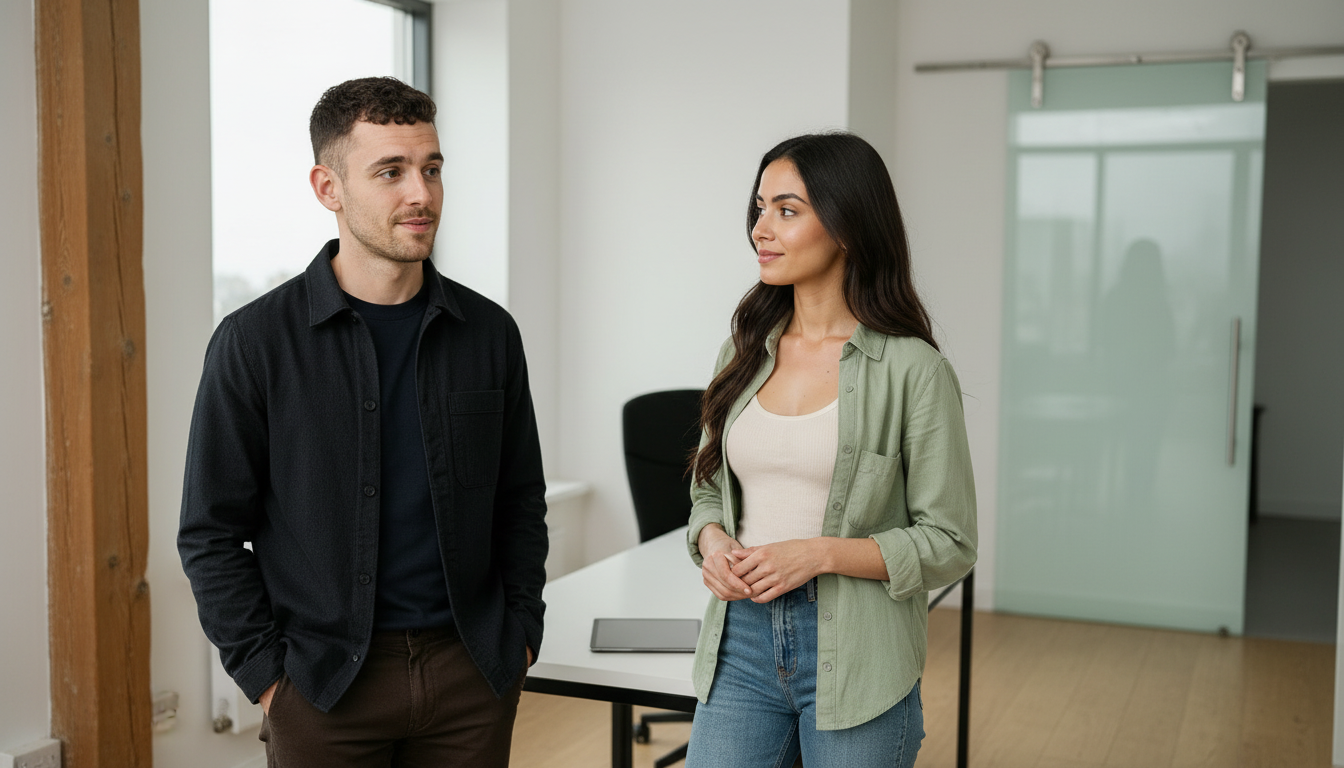 Adam and Sara in a UK office engaged in a focused discussion, professional casual wear, medium shot.
