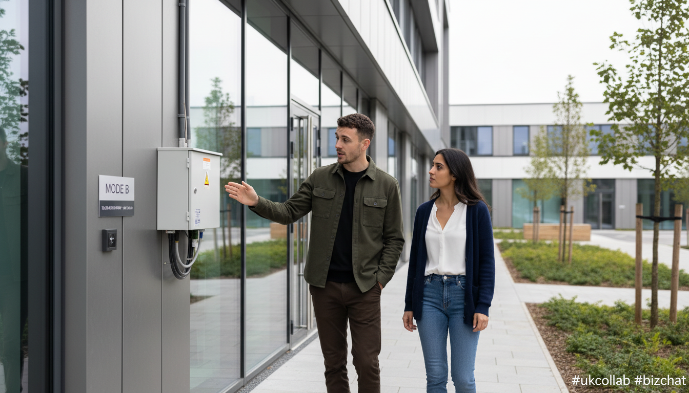 Adam and Sara walking outside a UK office building while discussing improvements to business call systems.