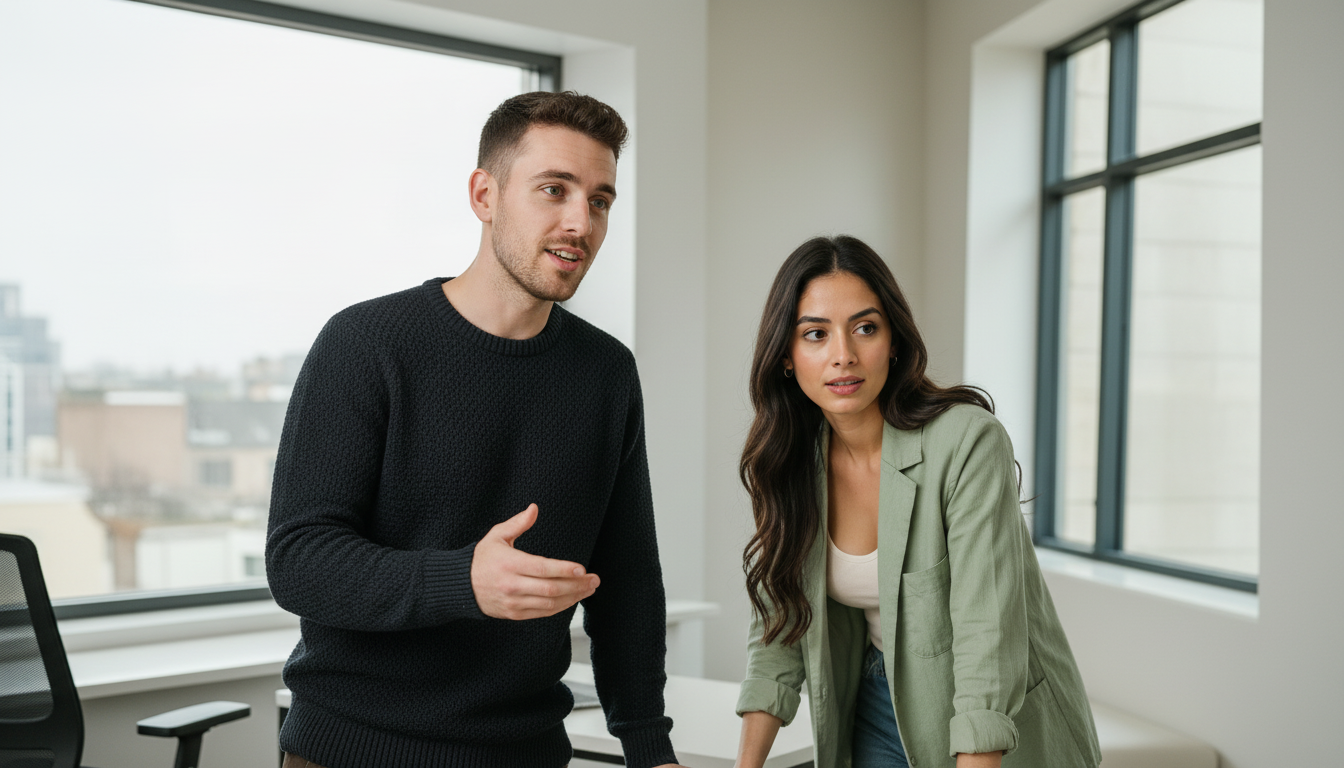 Adam and Sara discussing a VoIP solution inside a UK office during an active work conversation.