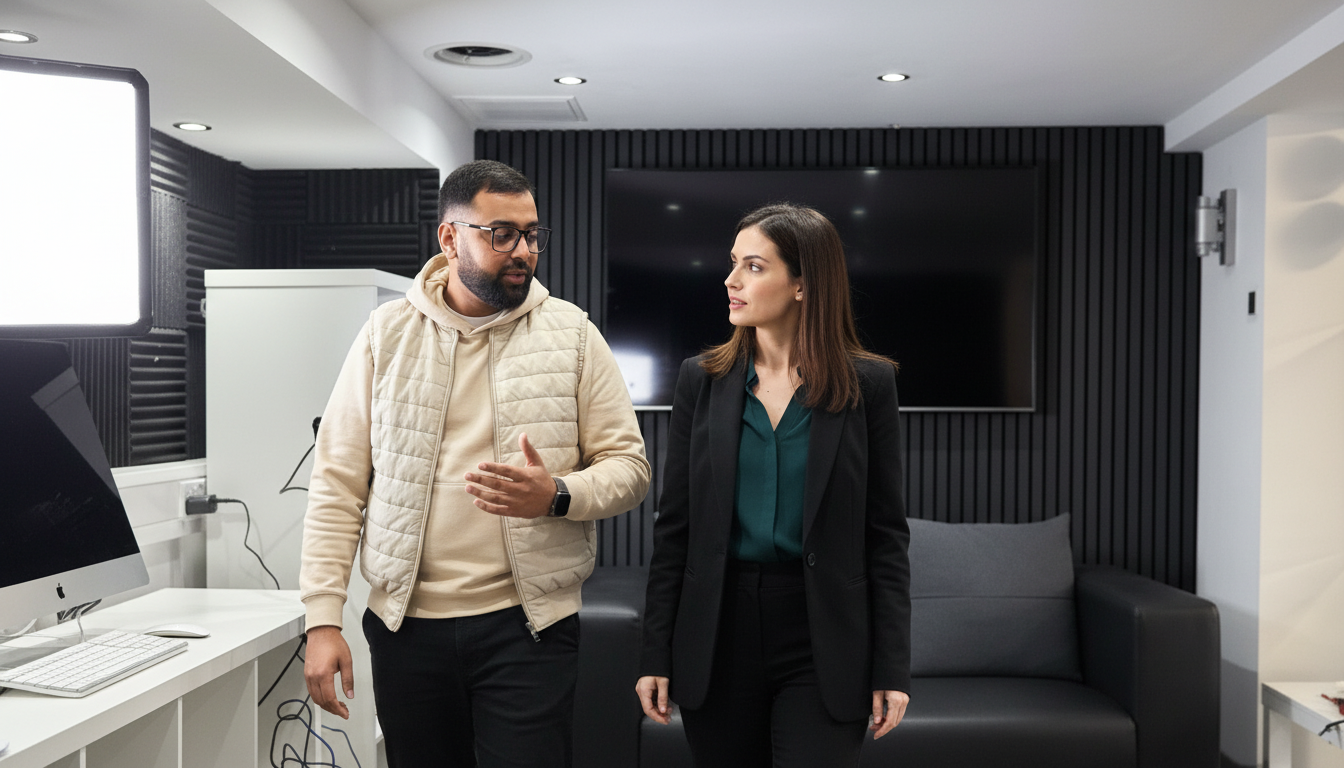 Jessica and Omar collaborating on Microsoft 365 upgrade planning in a UK office setting.