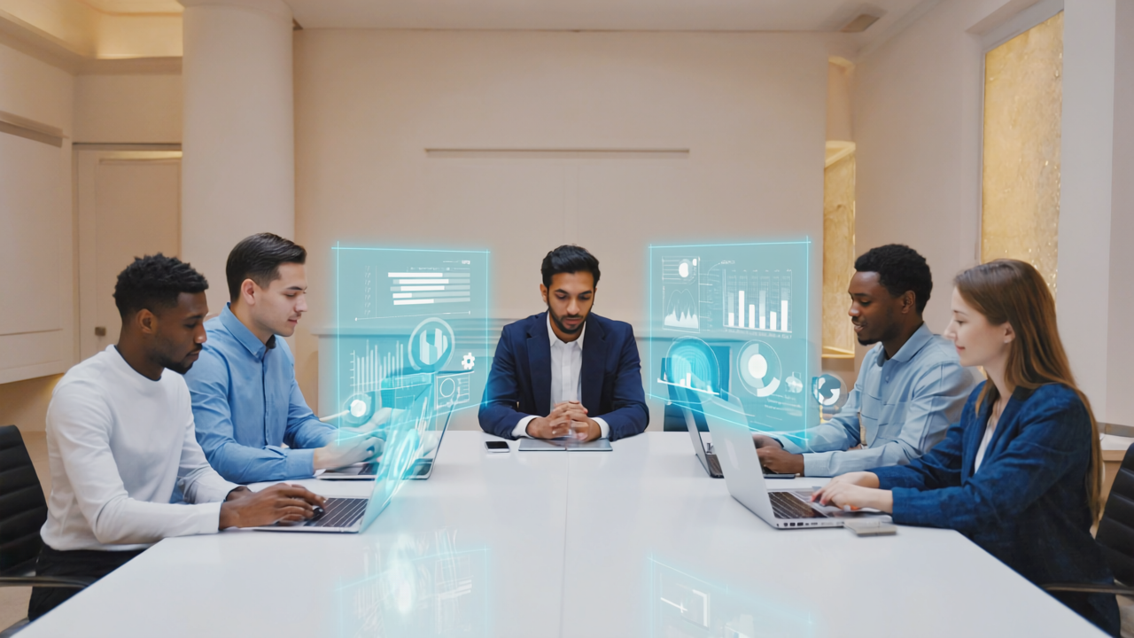 A diverse digital marketing team collaborating in a modern office, analyzing SEO and AI marketing data on laptops and tablets with a light beige background and subtle golden edges.
