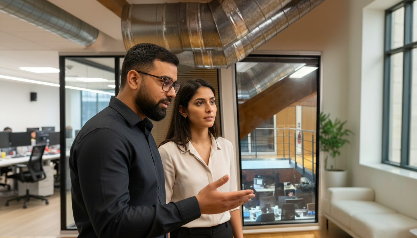 Omer and Sara discussing digital marketing strategy inside a UK office environment.