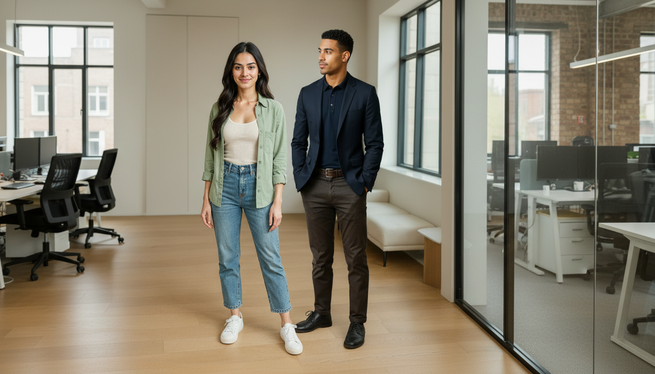 Sara and Zak engaged in a professional conversation in a modern UK office, expressing confidence and calm as they discuss visual identity.