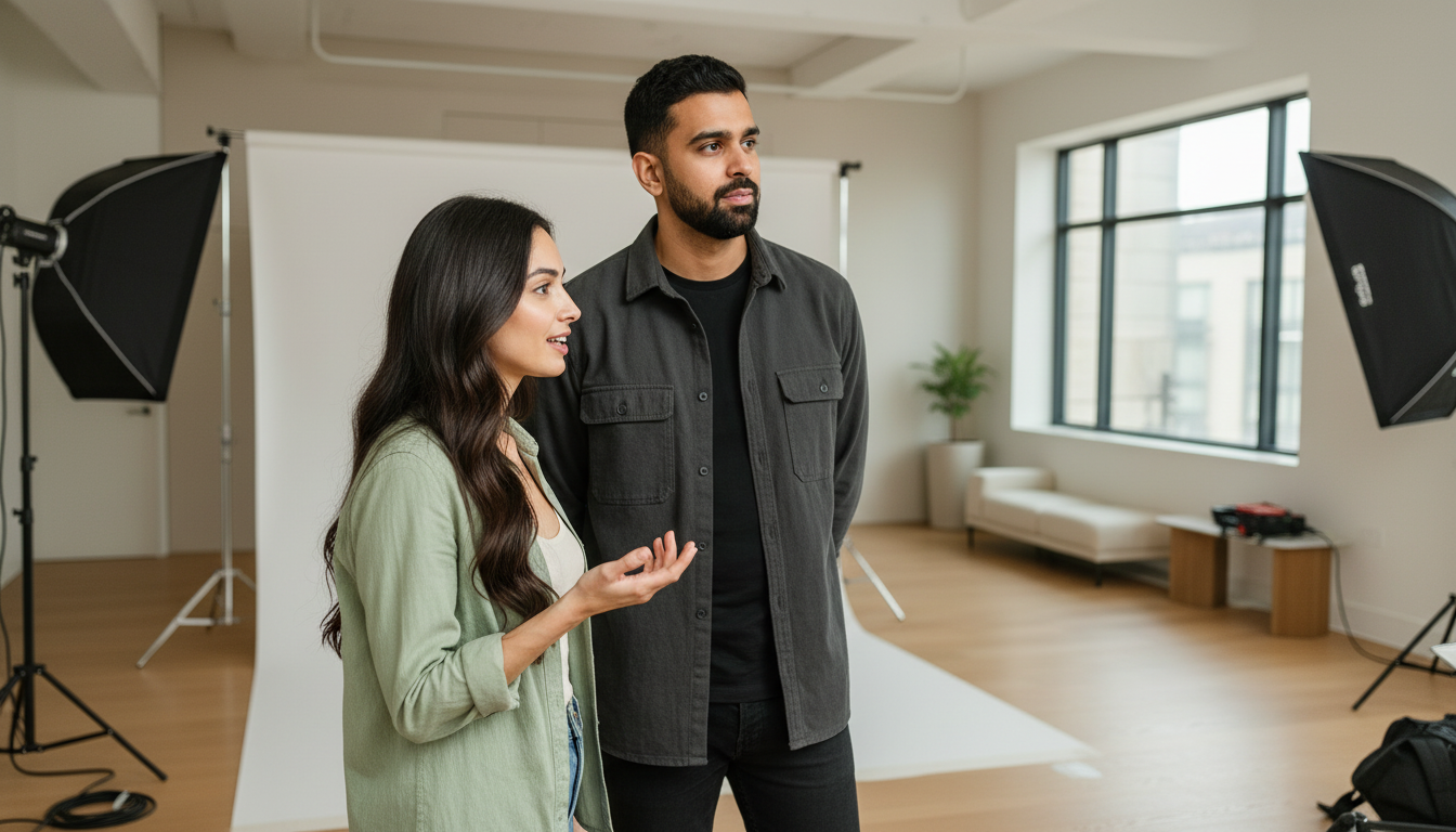 Sara and Omar collaborate inside a UK creator studio, discussing a YouTube Shopping video plan during an active working moment.