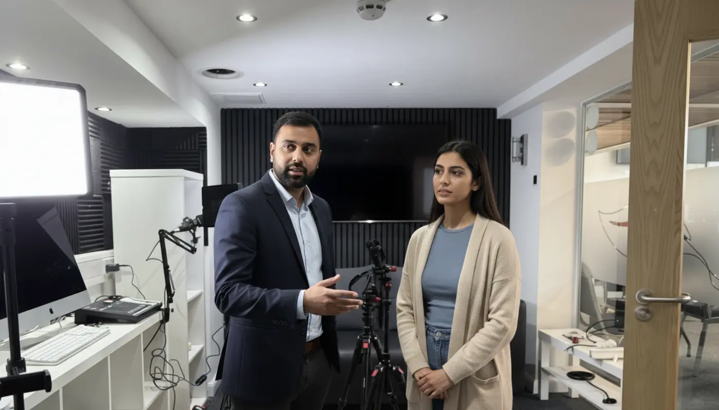 Omar and Sara collaborating in a UK office, mid-discussion about future-of-work AI planning.