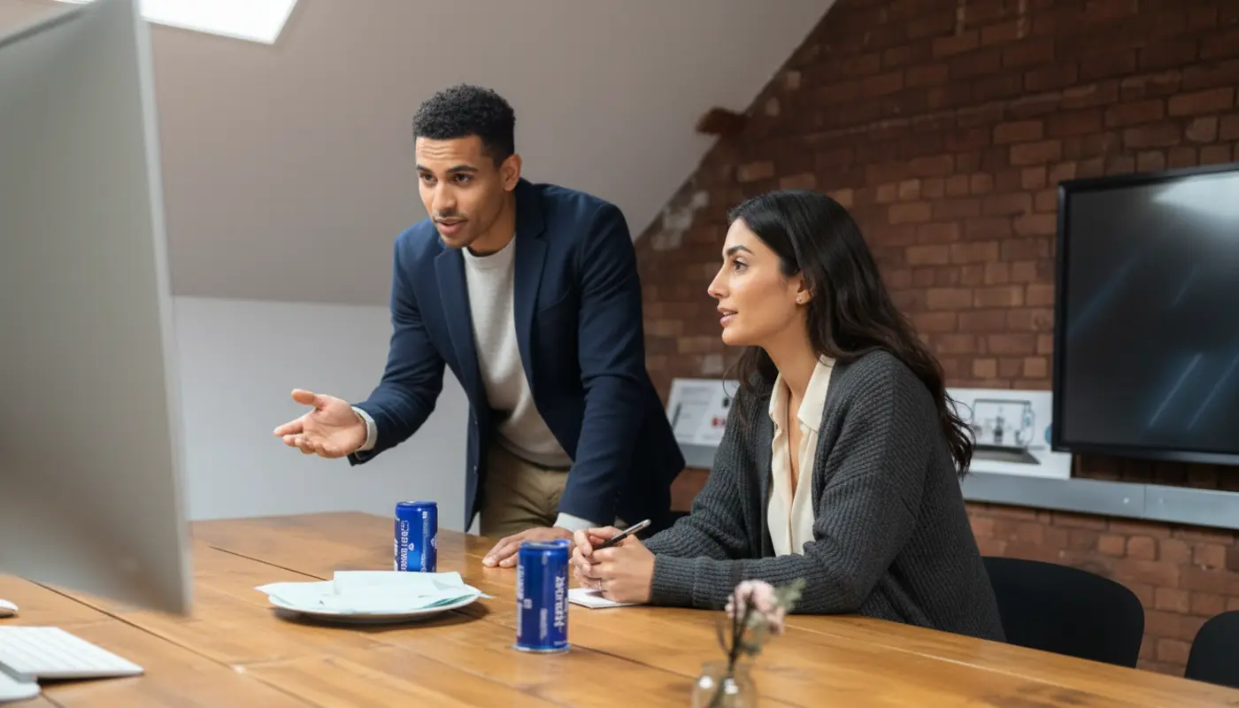 Zak and Sara discussing CRM strategy inside a UK office.