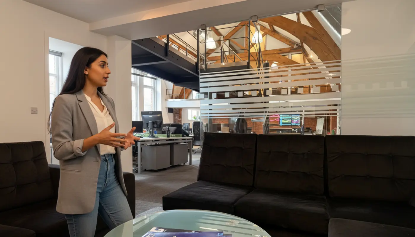 Sara and Adam collaborating during an on‑site IT support discussion inside a UK office.