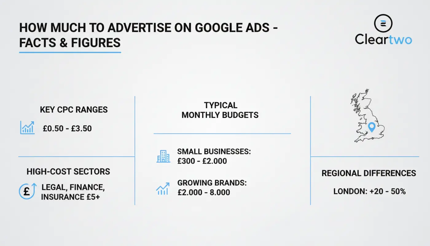 Infographic showing UK Google Ads costs, CPC ranges, budgets and regional differences.