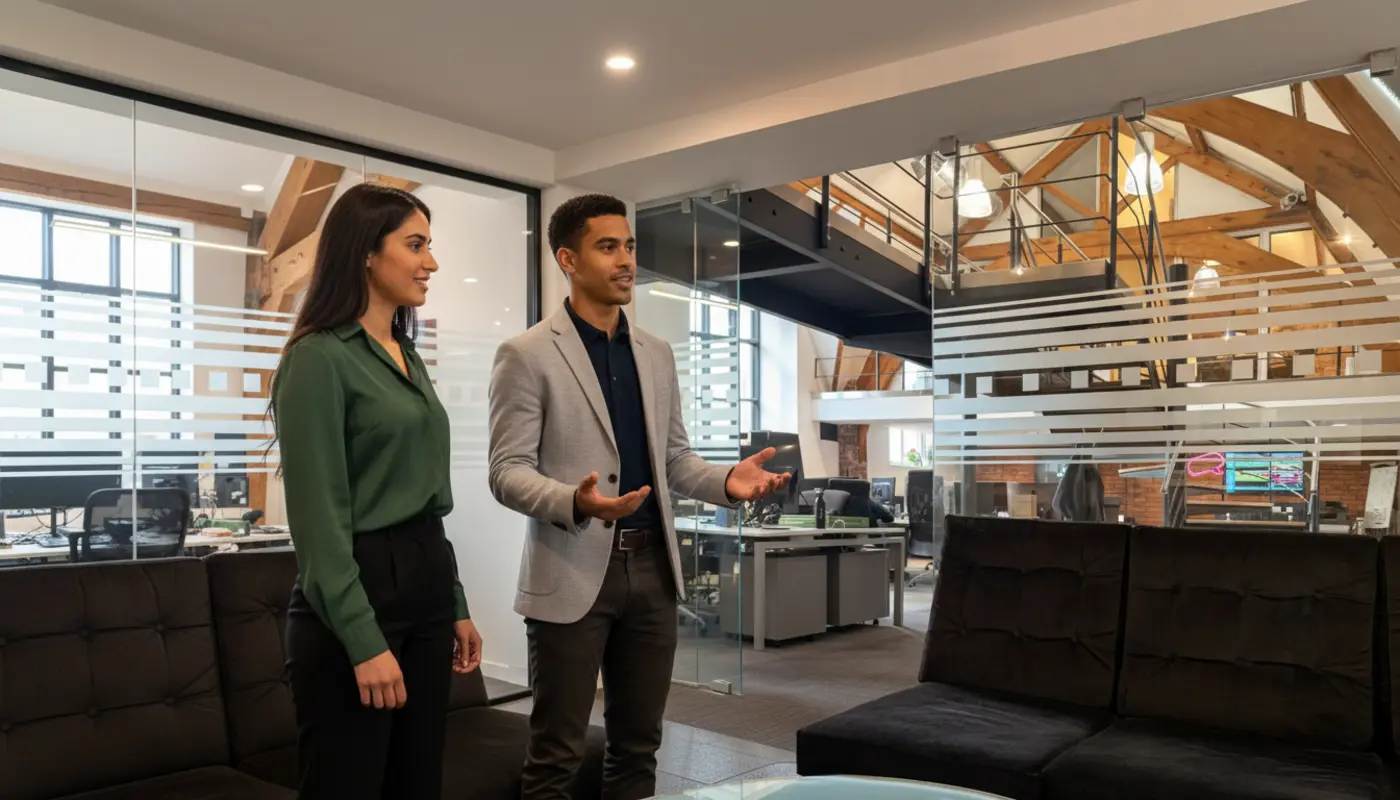 Sara and Zak discussing ecommerce marketing strategy inside a UK office.