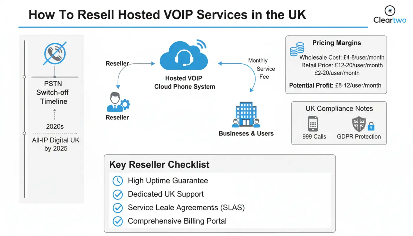Infographic showing UK VoIP reselling steps, pricing margins, and compliance essentials.