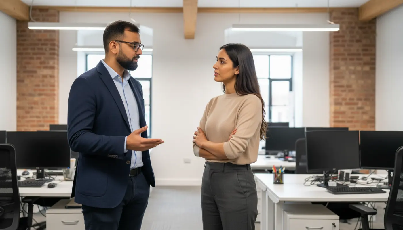 Omar and Sara discussing a digital marketing task inside a UK office.