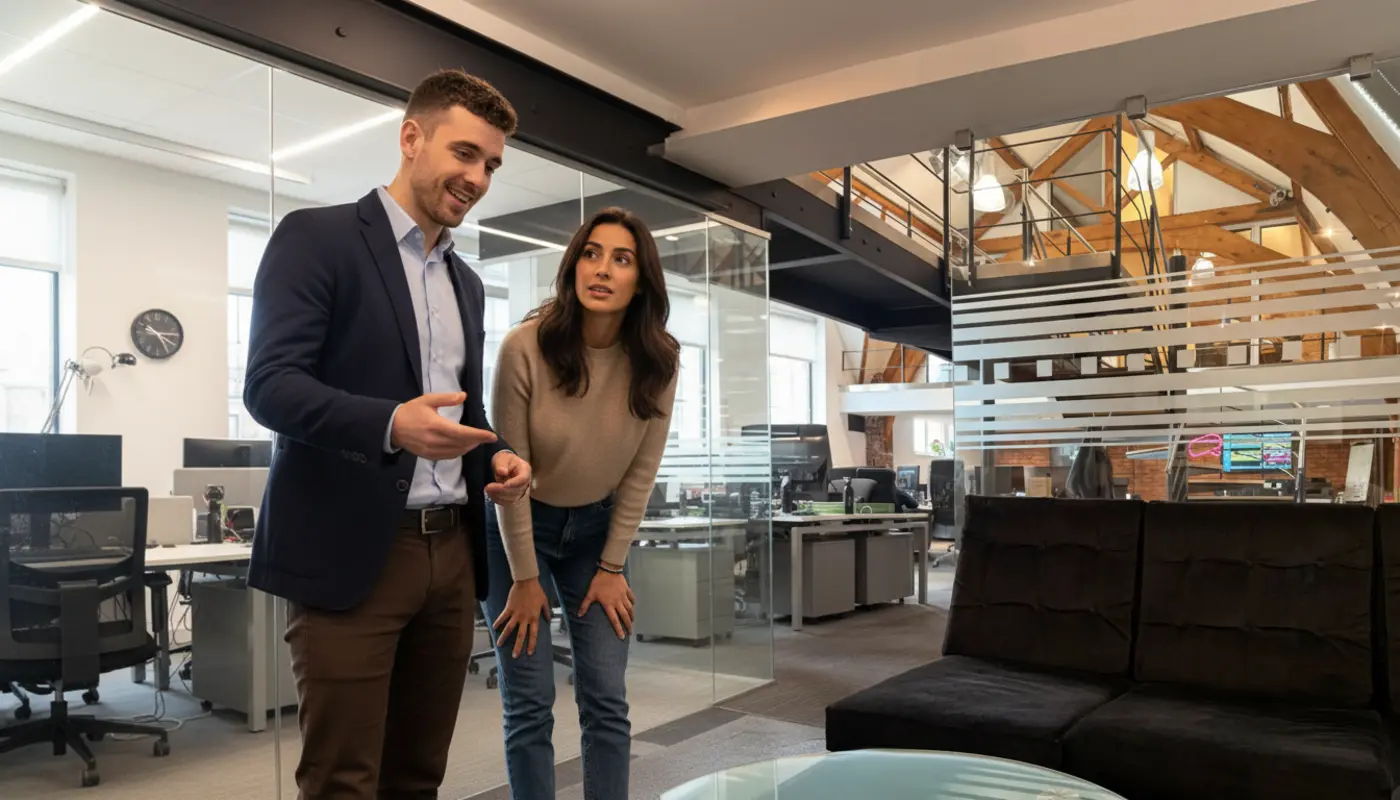 Adam and Sara collaborating inside a UK office while discussing AI-driven app development.