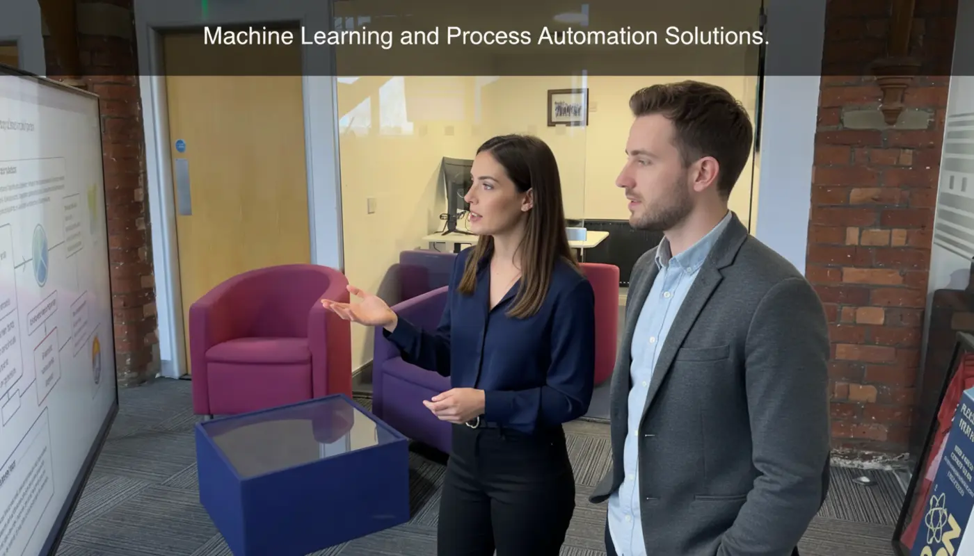 Jessica and Adam collaborating inside a UK office mid‑discussion about machine learning and process automation.