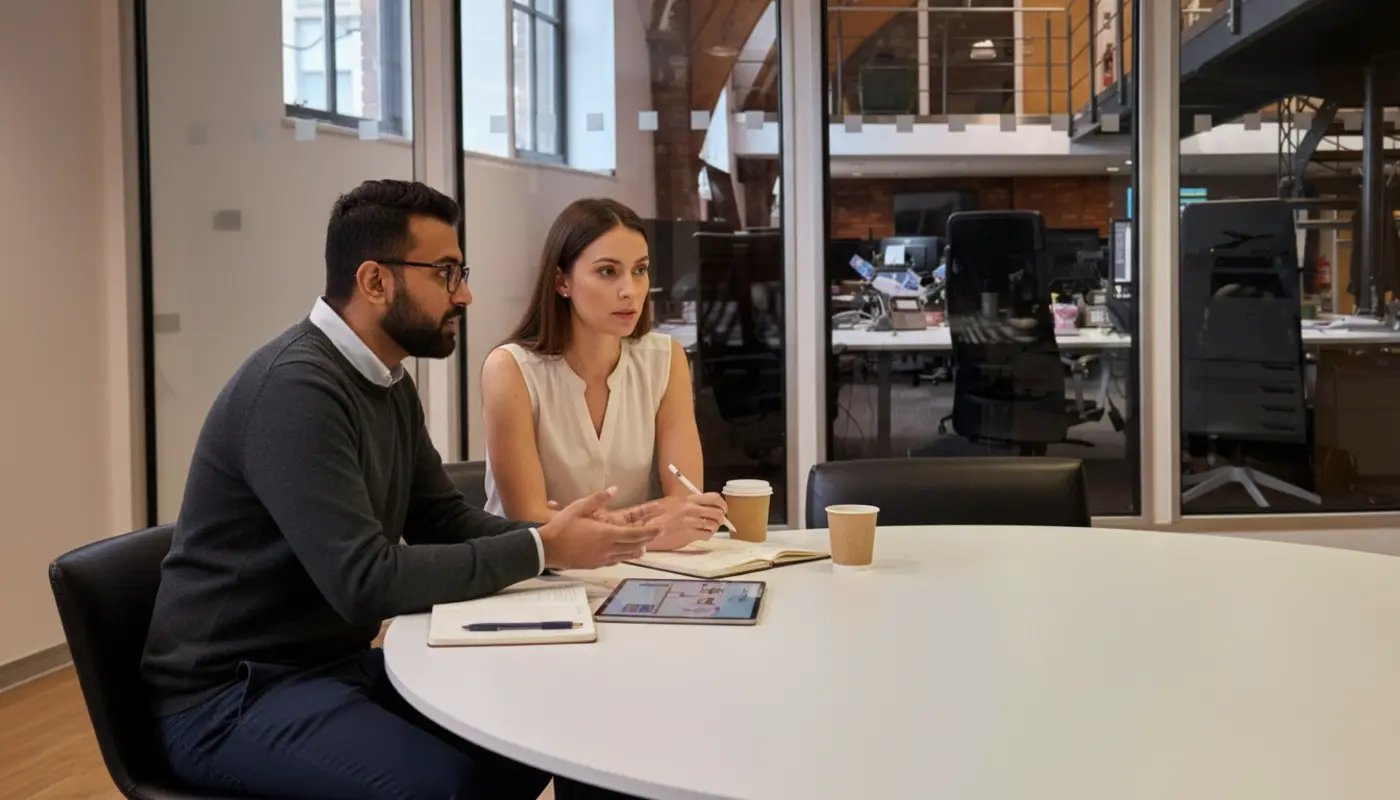 Omar and Jessica collaborating in a UK creator studio discussing chatbot engagement.