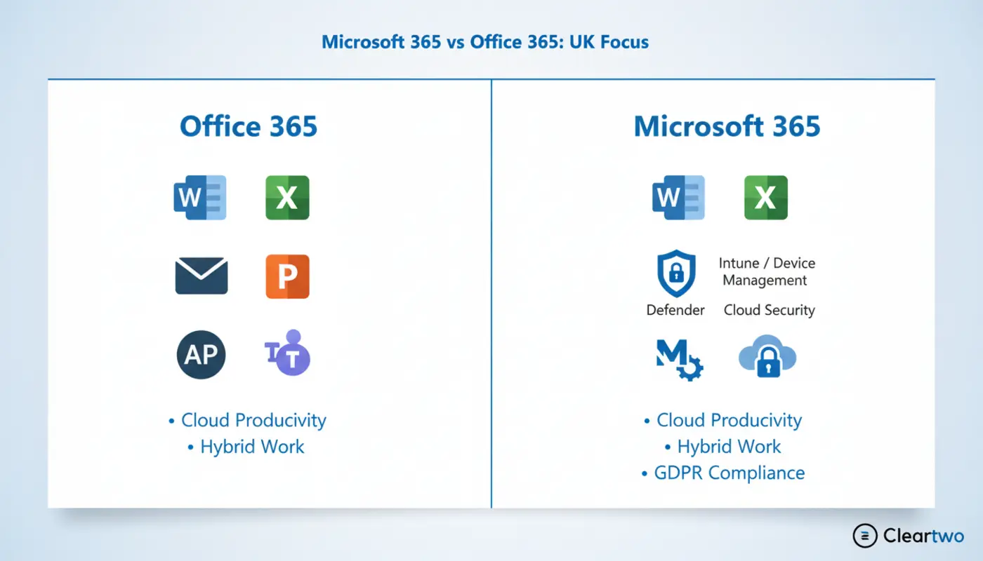 Infographic comparing Microsoft 365 and Office 365 features with icons and clear labels.