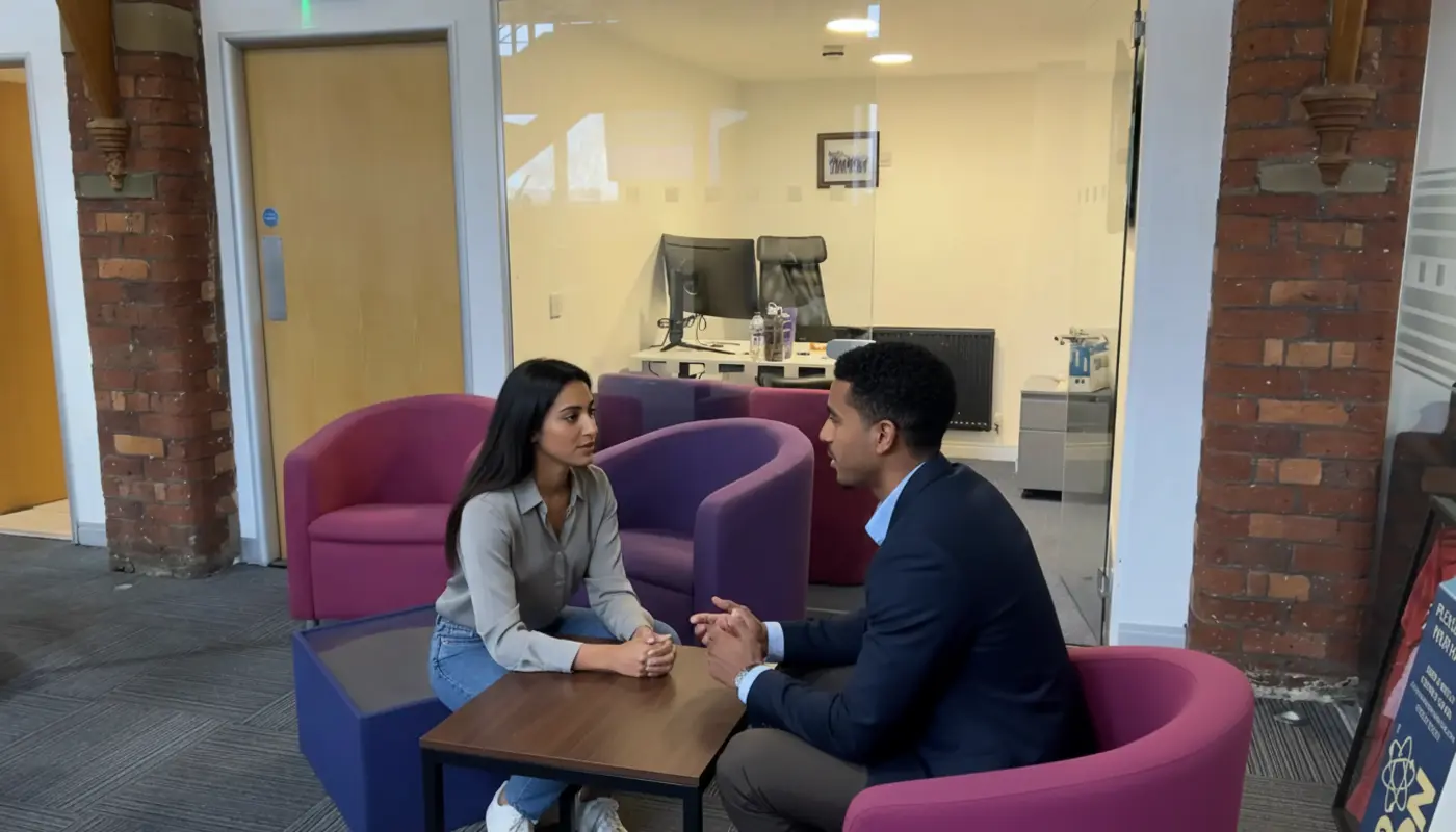 Zak and Sara discussing website performance improvements in a UK office, mid-conversation.