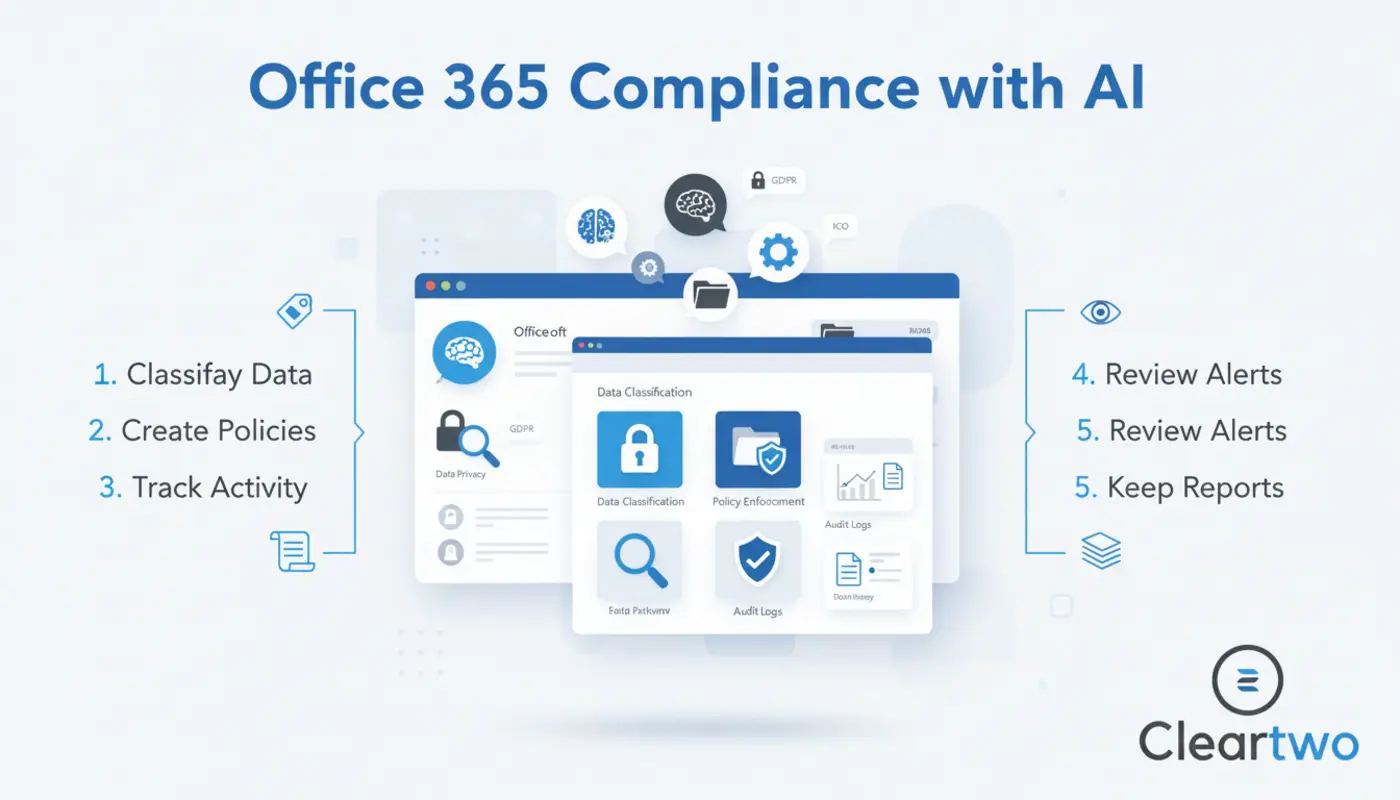 Infographic showing key steps for achieving Office 365 compliance with AI using clear icons and a clean layout.
