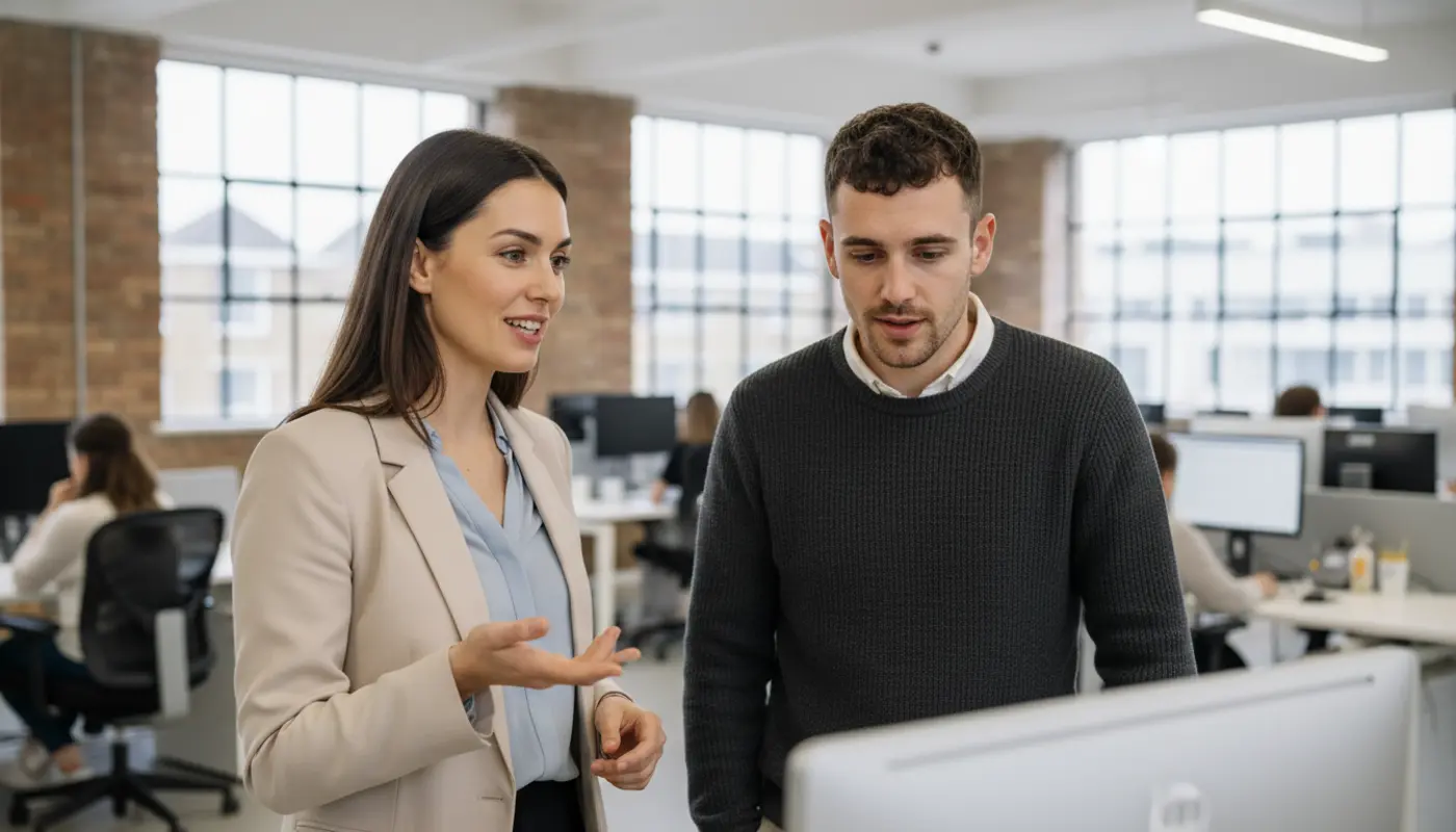 Jessica and Adam discussing an AI project inside a modern London tech‑startup workspace.