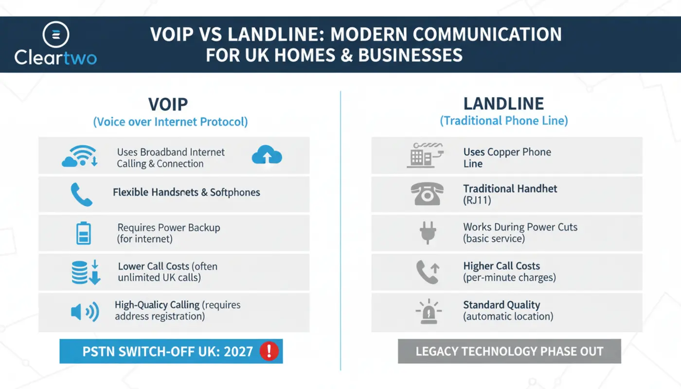Infographic comparing VoIP and landline features, costs, setup needs, and PSTN switch-off.