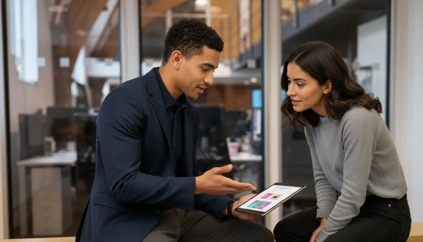 Zak and Sara collaborating mid-discussion in a UK office environment.