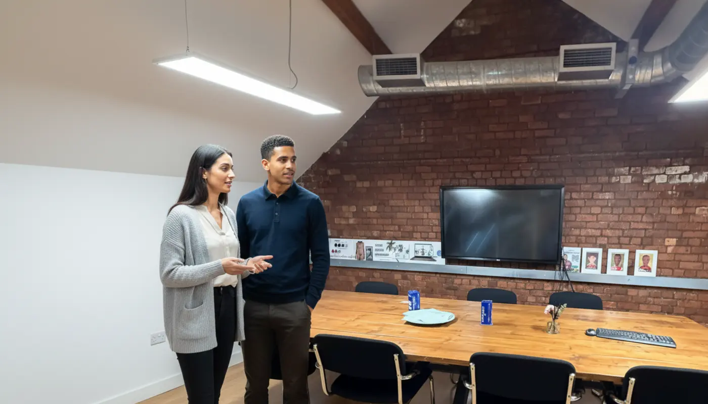 Sara and Zak discussing website maintenance work inside a UK office environment.