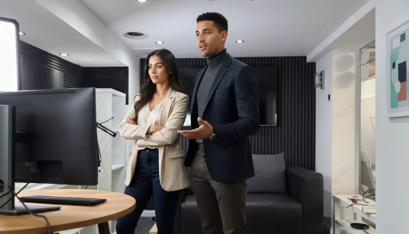 Zak and Sara discussing SEO strategy together in a UK office setting.