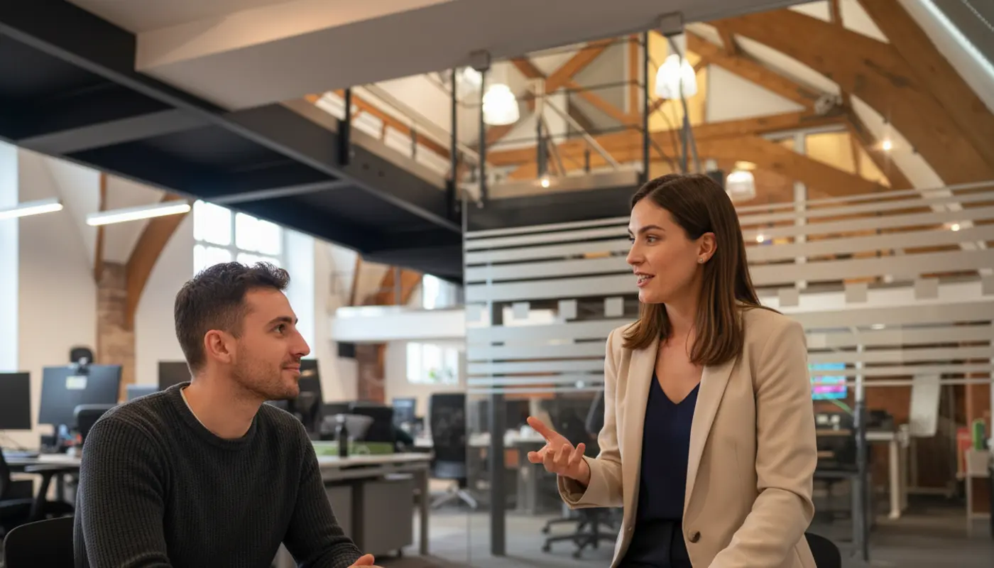 Jessica and Adam discussing AI history inside a UK office, mid‑conversation.