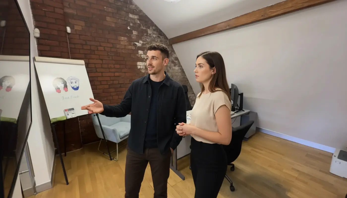 Adam and Jessica discussing branding work together inside a UK creative studio.
