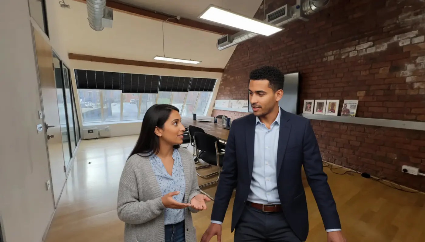 Zak and Sara discussing Shopify accounting work inside a UK office.