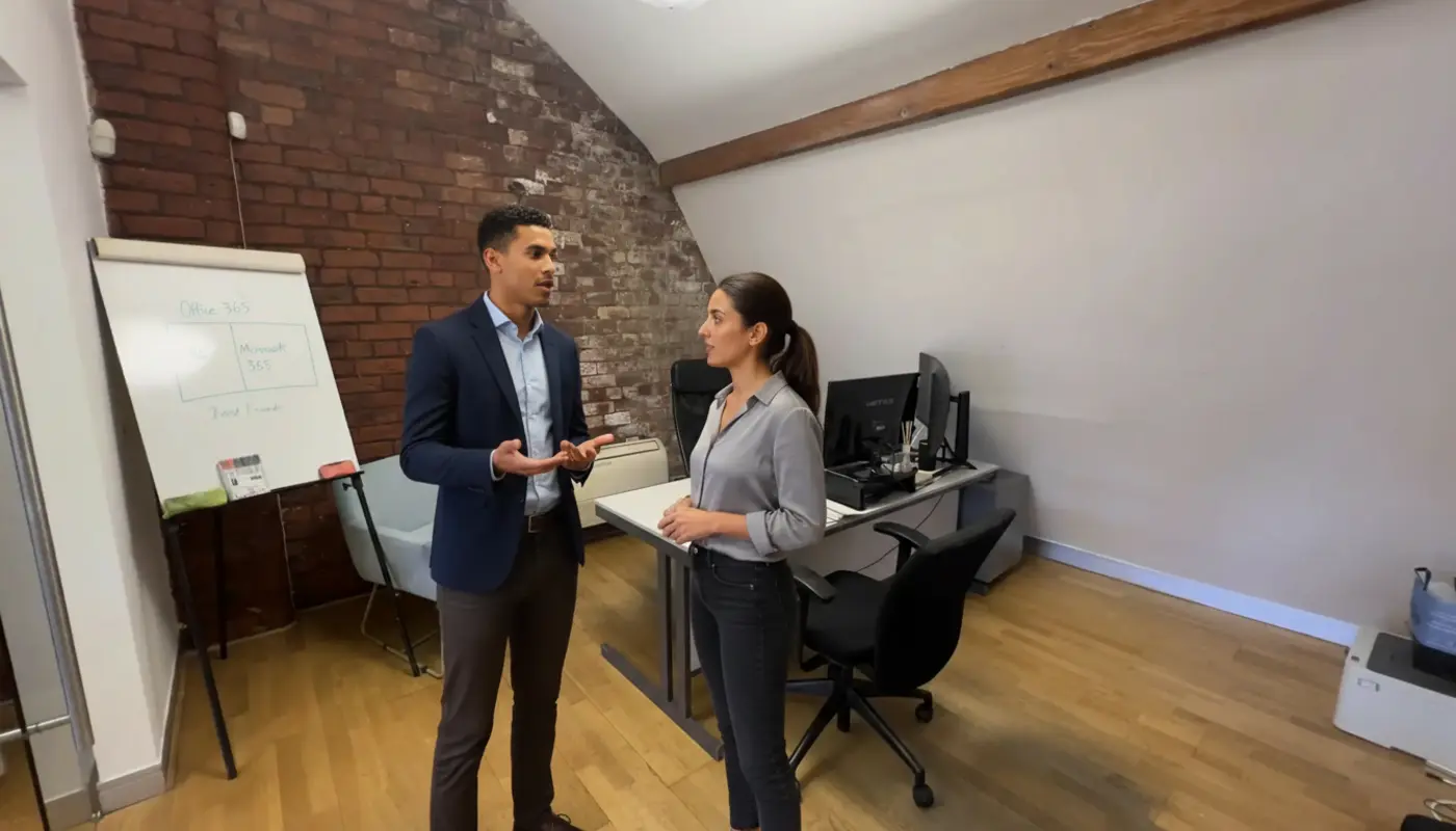 Zak and Sara discussing cloud licensing differences in a UK office environment.