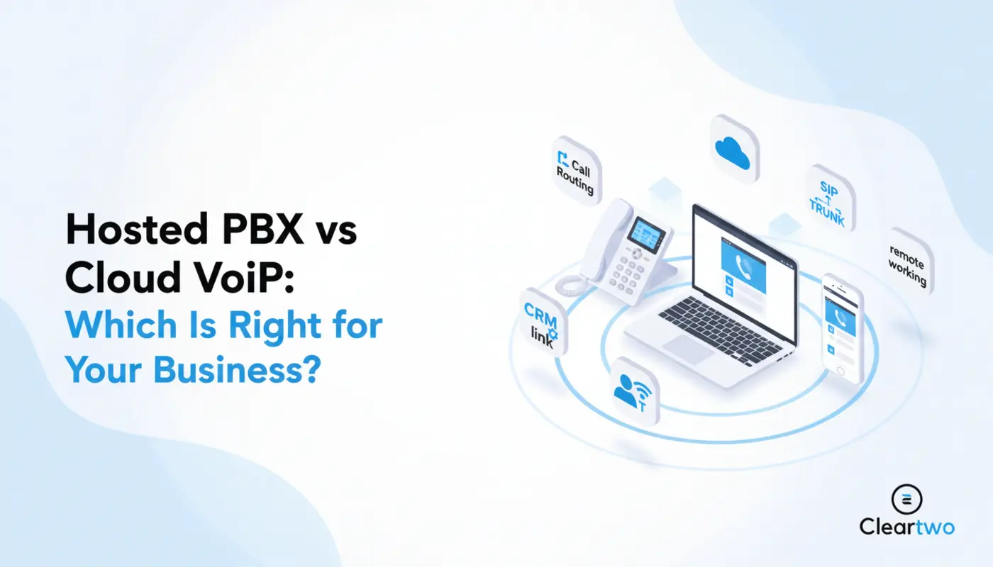 Isometric VoIP devices and icons illustrating hosted PBX and cloud VoIP comparison.