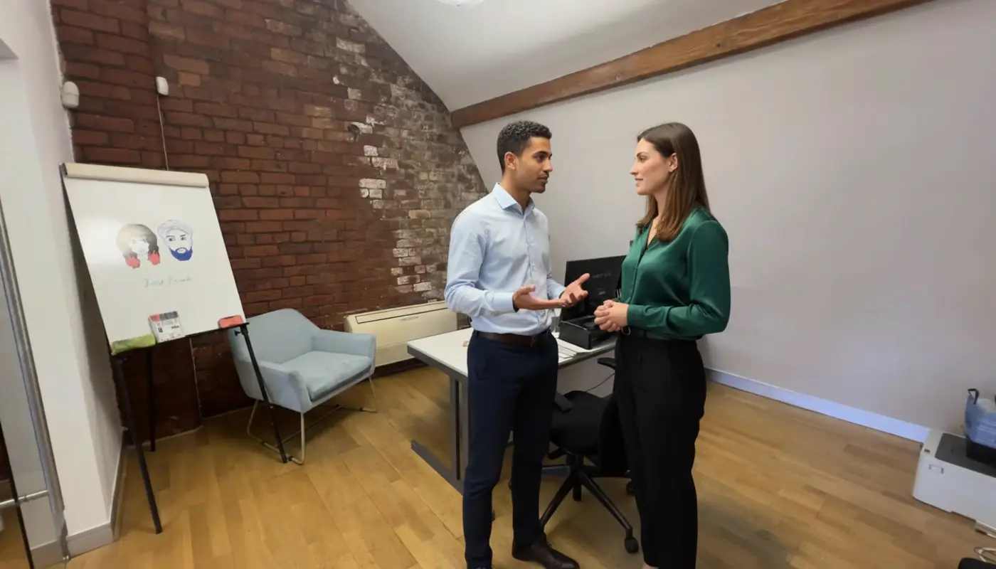 Zak and Jessica discussing CRM strategy inside a UK office environment.