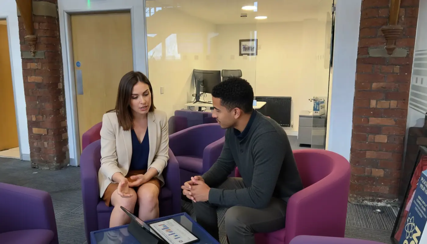 Jessica and Zak discussing online marketing strategy in a UK office.