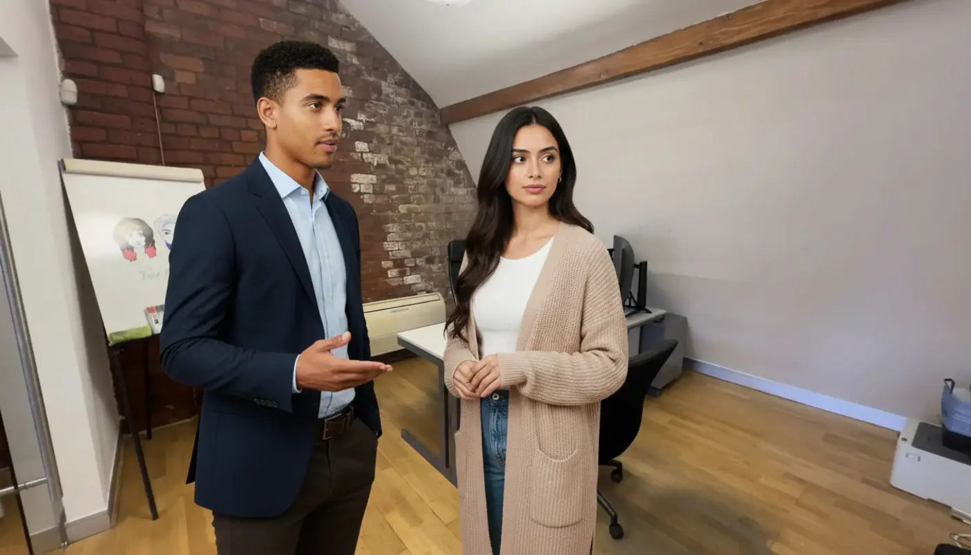 Zak and Sara collaborating mid‑discussion in a UK office environment.