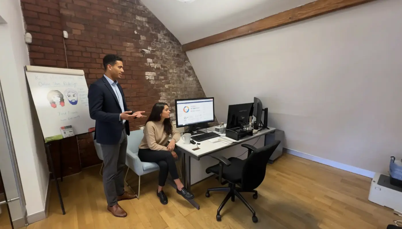 Zak and Sara collaborating inside a UK agency office discussing ecommerce strategy.