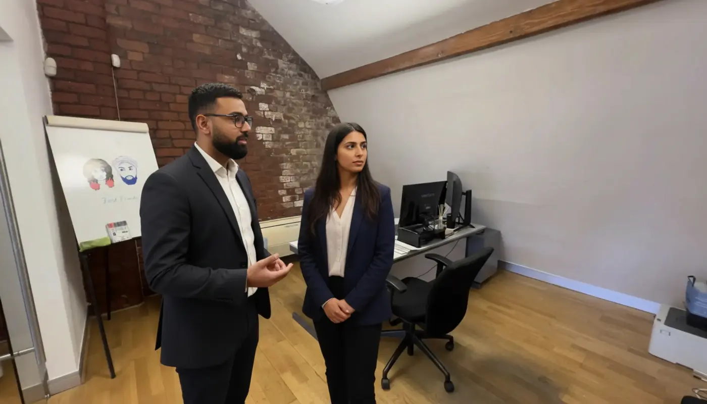 Omar and Sara discussing UK local SEO FAQ structure in a real office environment.