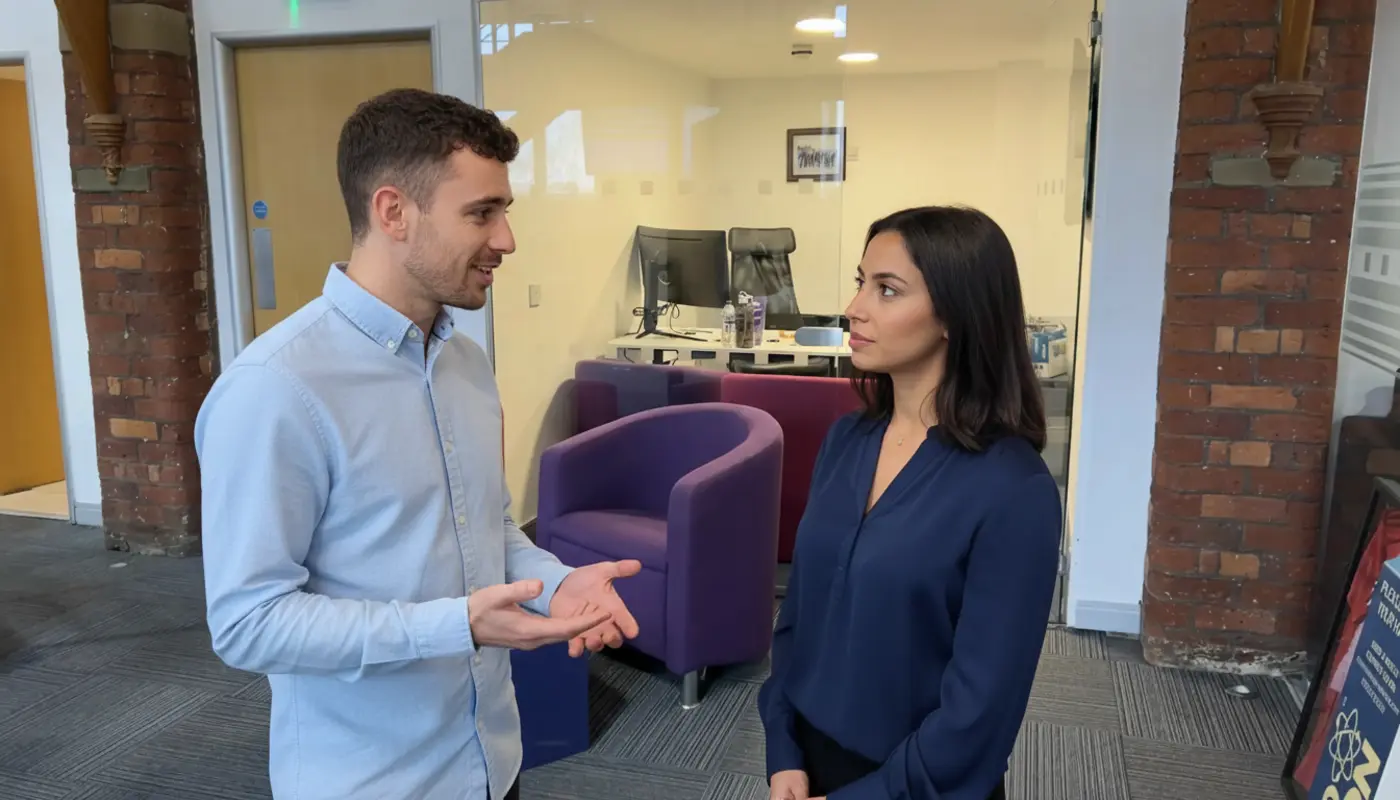 Adam and Sara discussing ecommerce conversion improvements inside a UK office.