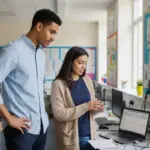 Zak and Sara collaborating on ICT support inside a UK classroom.