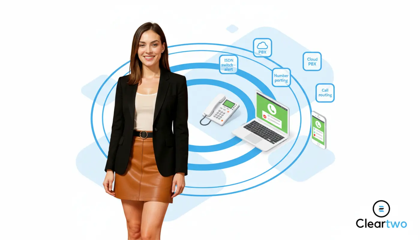 Photorealistic Jessica beside isometric VoIP devices and icons on bright white background.