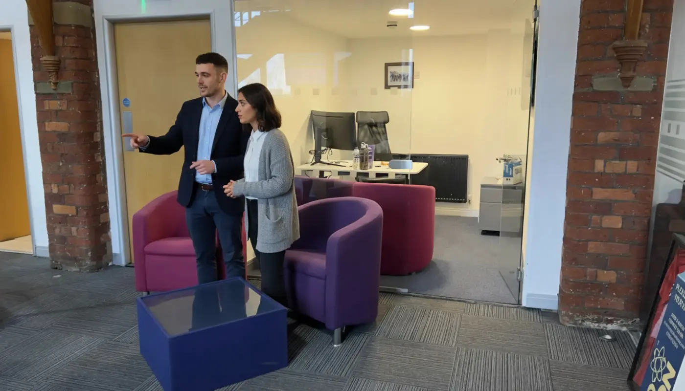 Adam and Sara discussing IT support tasks inside a UK financial office.