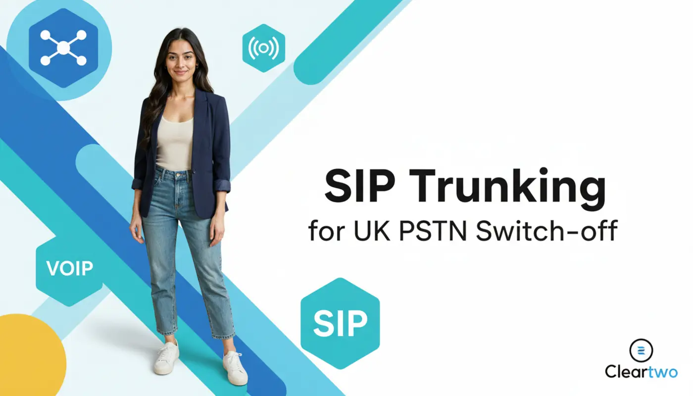 Sara stands confidently before a vivid geometric VoIP background illustrating SIP trunking concepts.