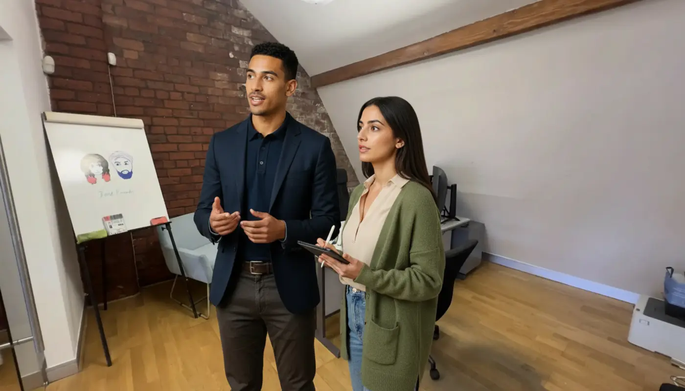 Zak and Sara collaborating inside a modern Manchester office, discussing Shopify setup.