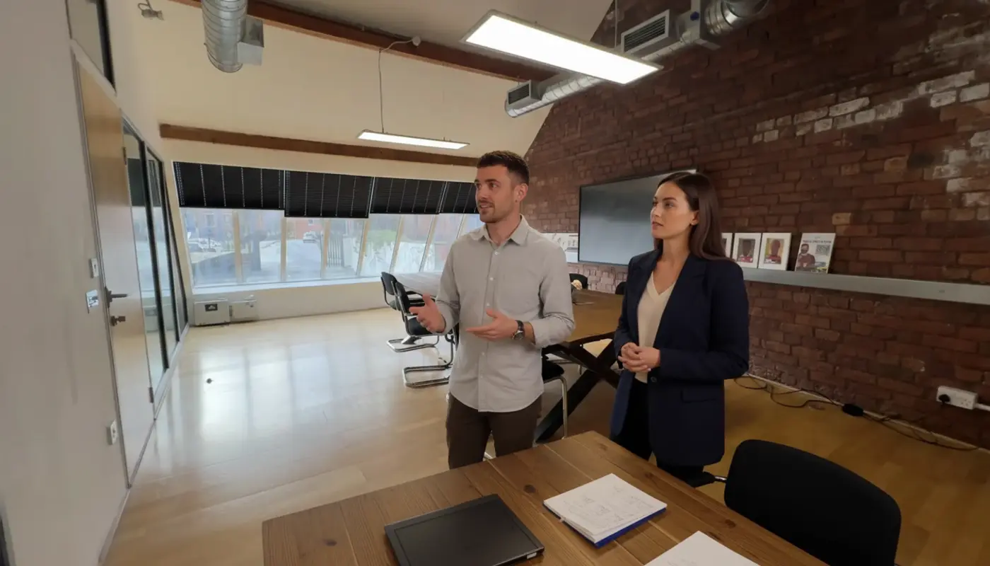 Adam and Jessica discussing design direction inside a UK creative studio.