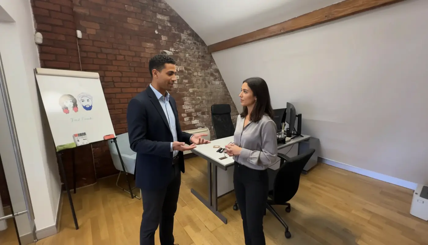 Zak and Sara discussing work inside a UK office, naturally collaborating.