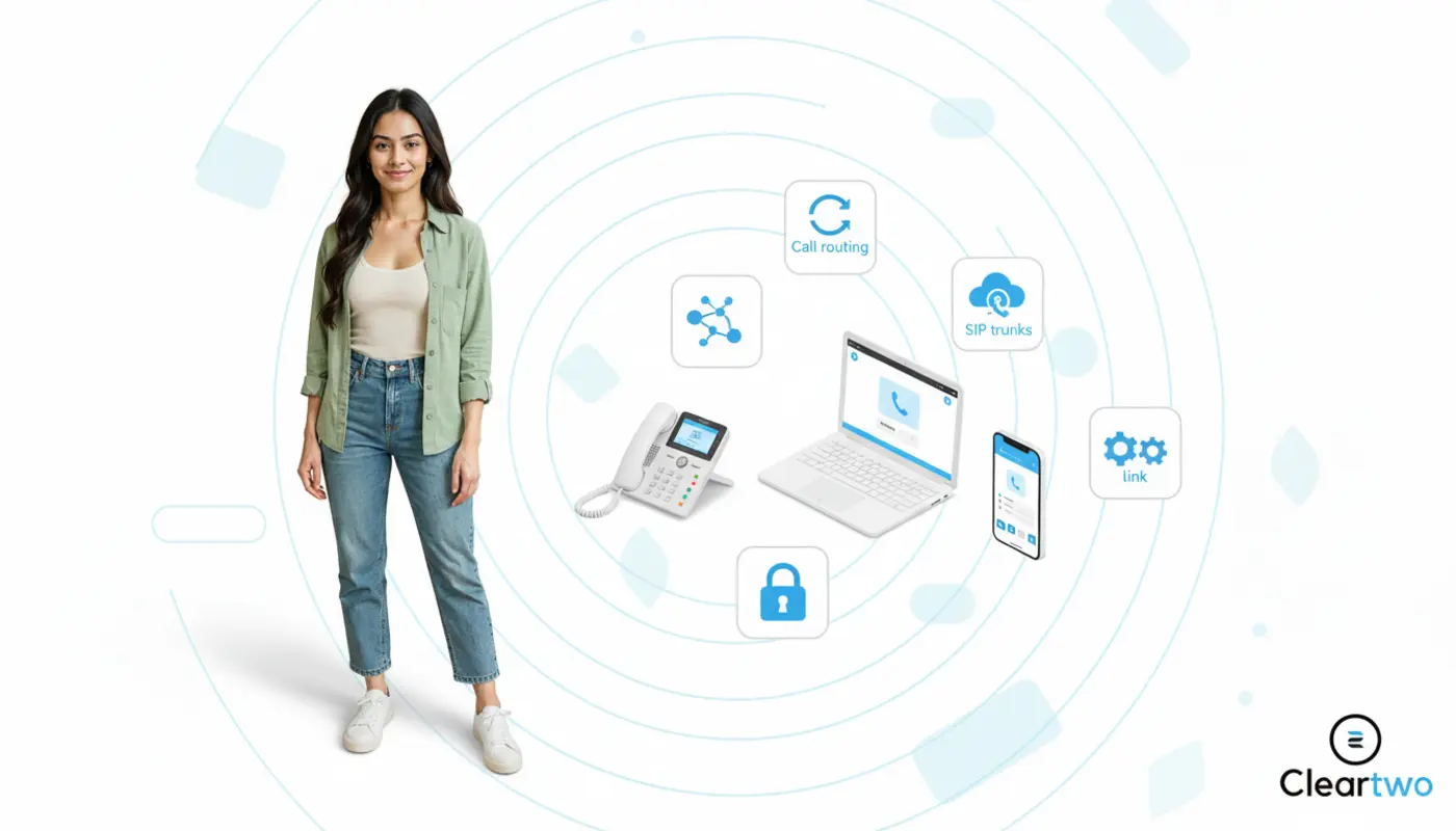 Photorealistic Sara with isometric VoIP devices and icons on bright white background.